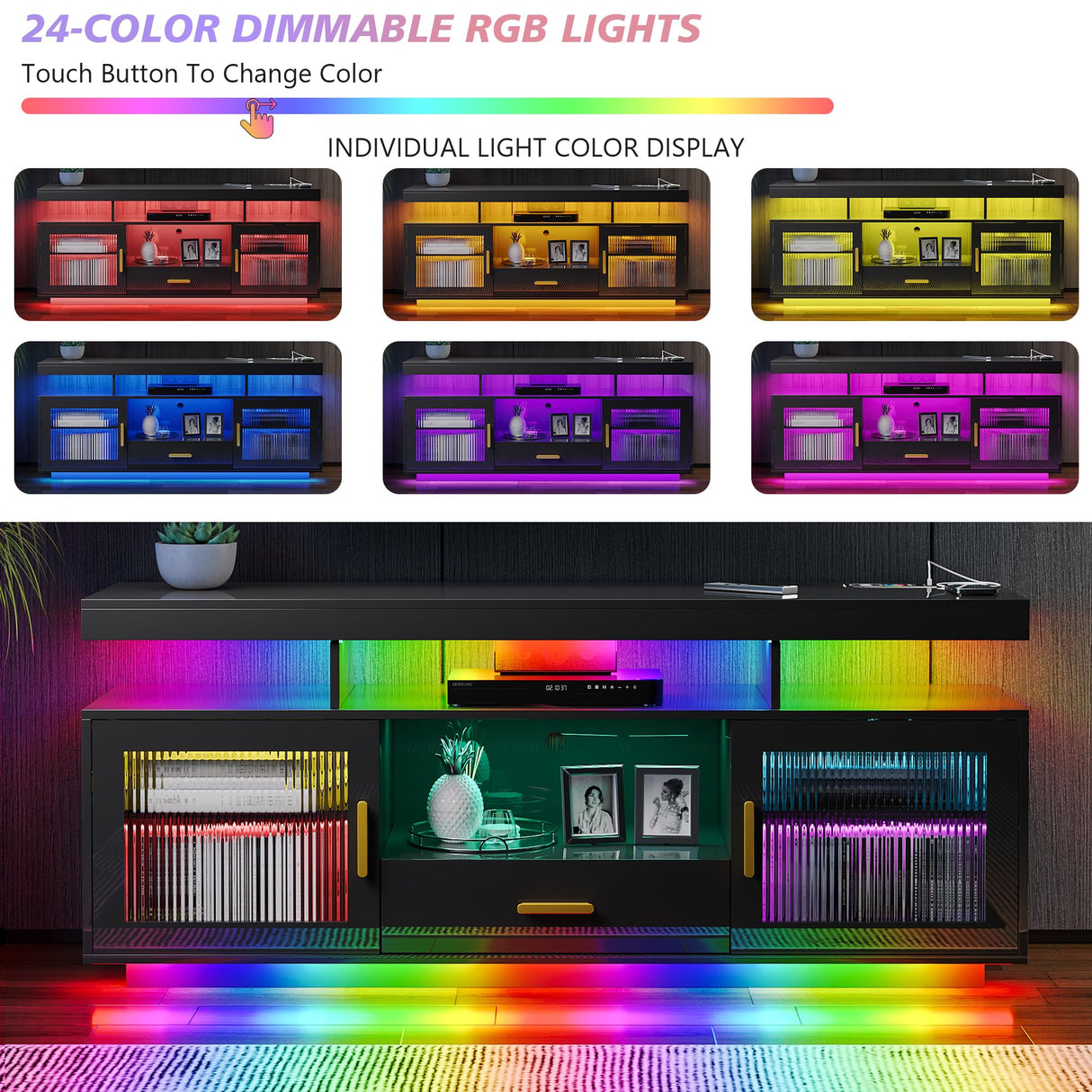 MDGC 24-Color RGB TV Stand, Auto Sensor LED Entertainment Center with Wireless Charging Station, Media TV Console Table with Large Storage Cabinet (Black) MDGC