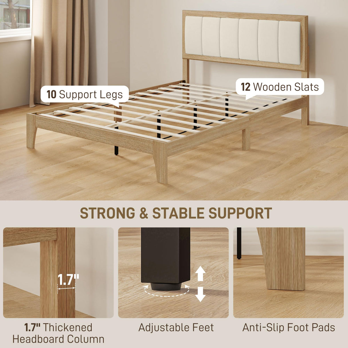 HOMCOM Full Size Bed Frame with Upholstered Headboard, Platform Bed Frame with Wooden Slats, No Box Spring Needed, Easy Assembly, Oak HOMCOM