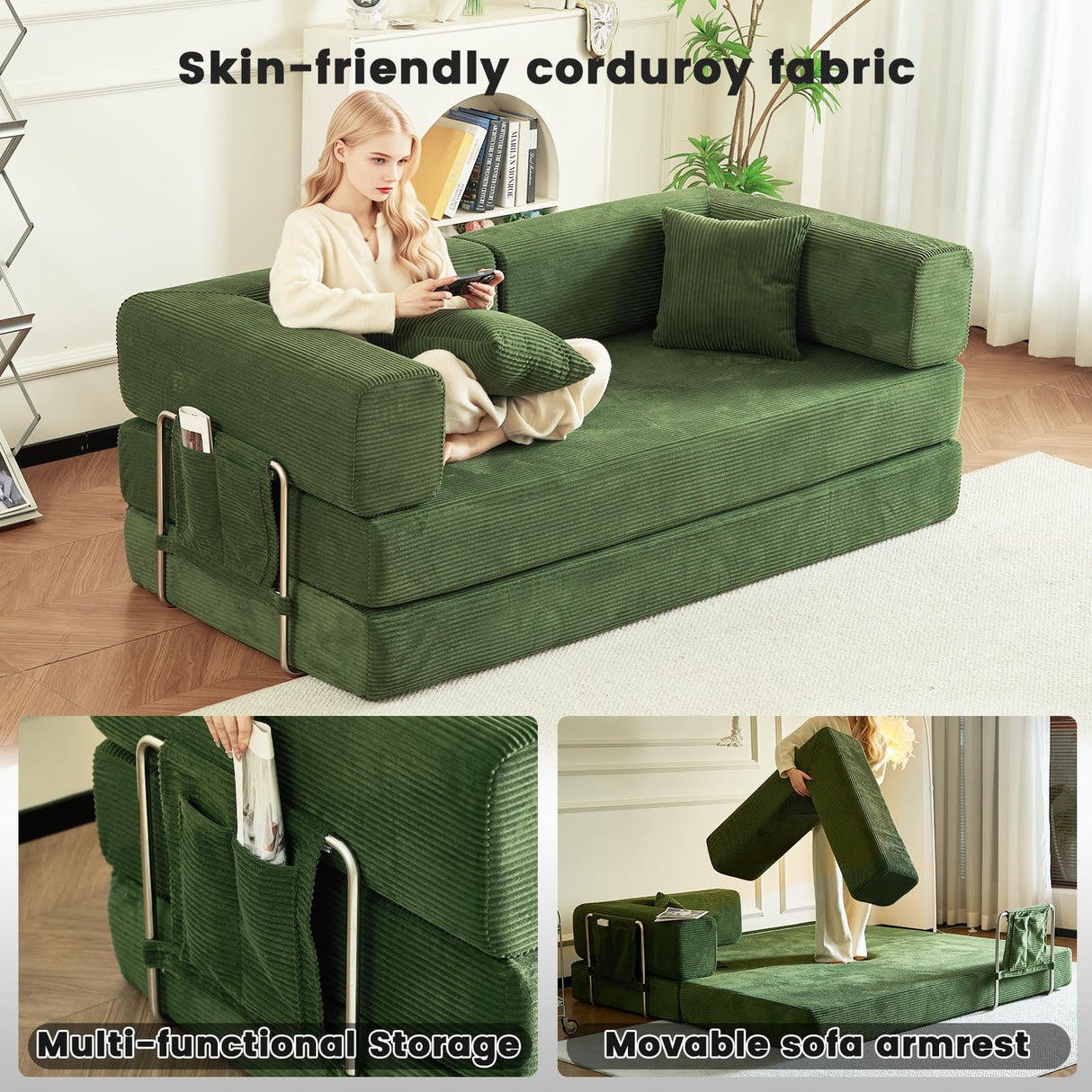 GEARIVY Folding Sofa Bed Convertable Corduroy Couch King Size Floor Sleeper 4-in-1 DIY Combination Modular Sofa Fold Out Futon Lounge Comfy Foldable Lazy cama for Living Room (Green, 80.15") GEARIVY