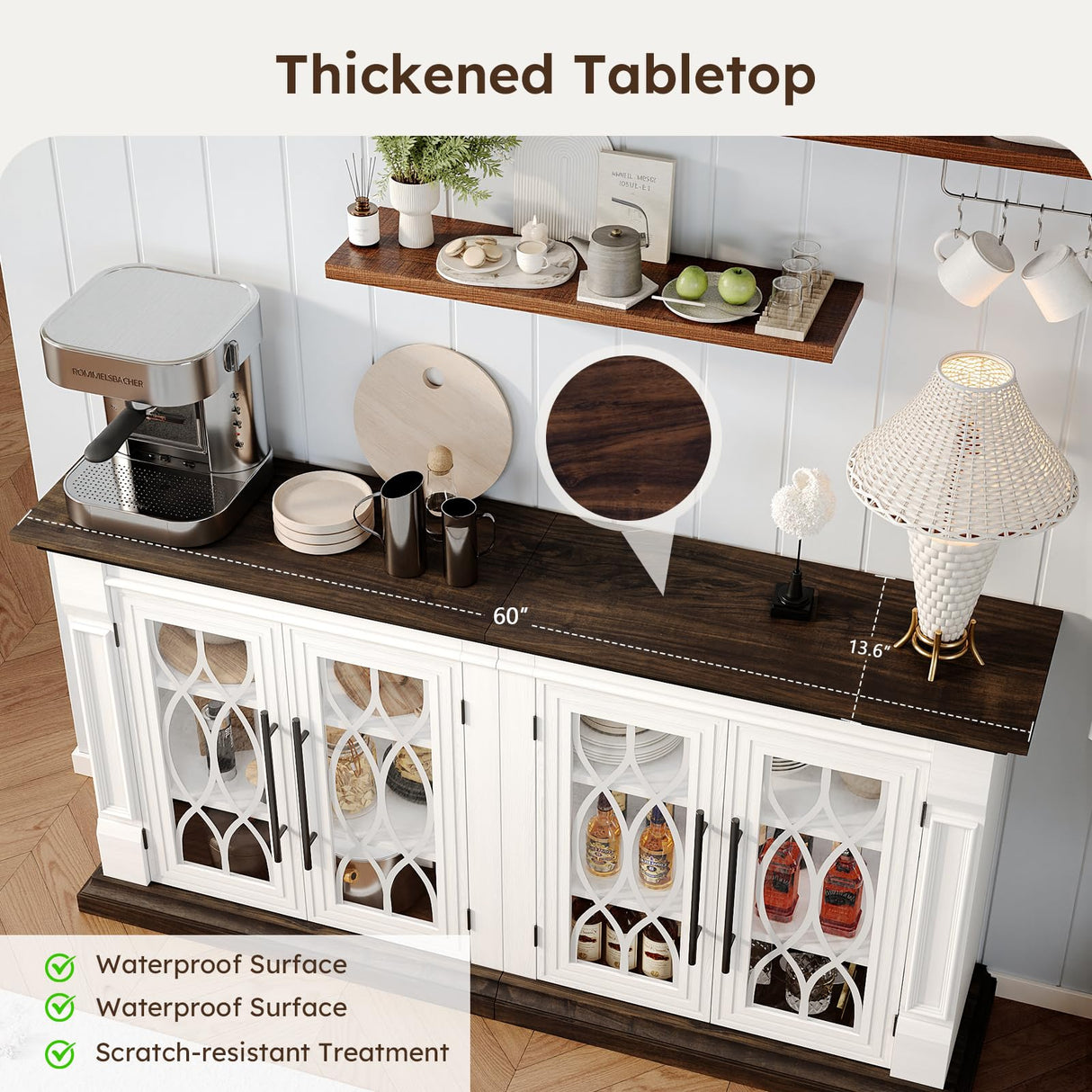 HolliWill 60 inch Farmhouse Buffet Sideboard Cabinet with 4 Glass Doors, Coffee Wine Bar Storage Cabinet, Buffet Table with Adjustable Shelves for Dining Room, Kitchen, Living Room HolliWill