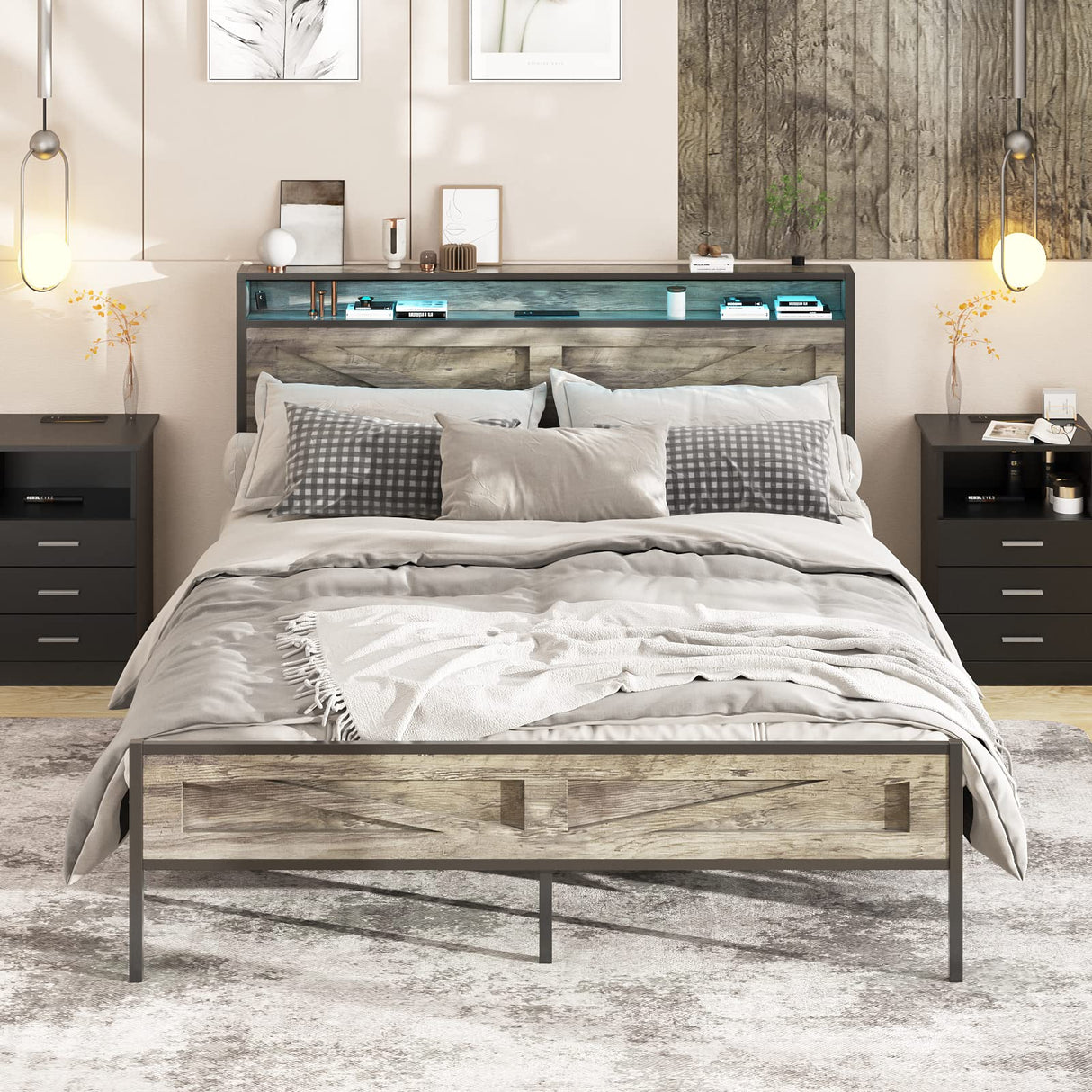 Halitaa King Size LED Bed Frame with Charging Station and Storage - Wash Grey Halitaa