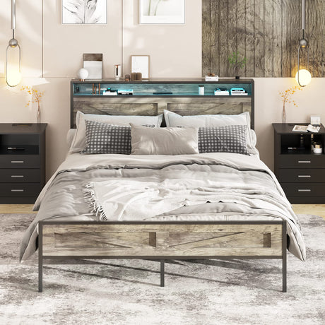 Halitaa King Size LED Bed Frame with Charging Station and Storage - Wash Grey Halitaa