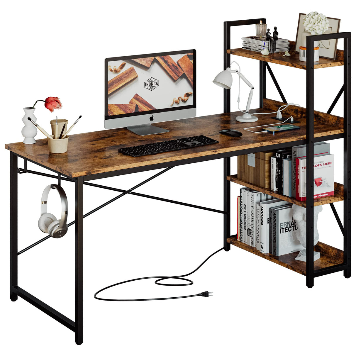 IRONCK Computer Desk 55" with Power Outlet and Storage Shelves, Study Writing Table with USB Ports Charging Station, PC Desk Workstation for Home Office, Rustic Brown IRONCK
