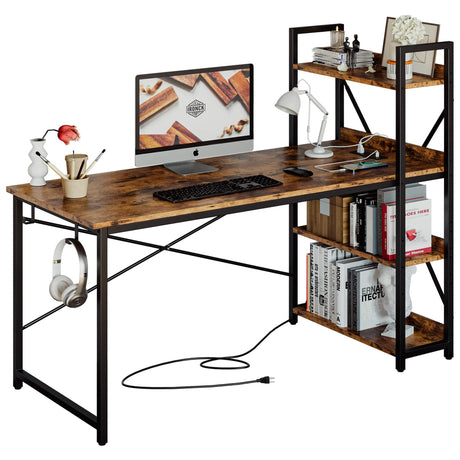 IRONCK Computer Desk 55" with Power Outlet and Storage Shelves, Study Writing Table with USB Ports Charging Station, PC Desk Workstation for Home Office, Rustic Brown IRONCK