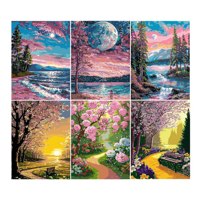 6 Pack Natural Scenery paint by numbers kit for adults,Pink Painting Unframed Easy Acrylic on Canvas11.8x15.7Inch, Acrylic Paint Kit for Adults Beginners,Paint by Numbers Canvas for Home Wall Decor