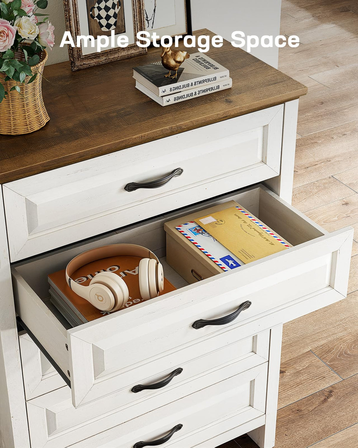 Marsail 5 Drawer Dresser for Bedroom, Farmhouse Wood Wide Chest of Drawers, Storage Dressers Organizer with Anti-Slip Kit for Living Room, Bedroom & Hallway Marsail