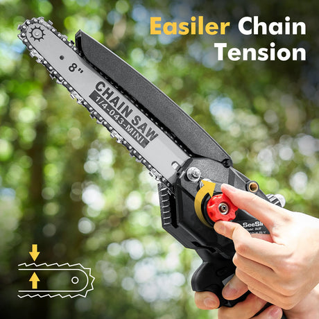 Seesii Mini Chainsaw Cordless 8 inch DL07, Electric Battery Powered Chainsaw, Upgraded Brushless Chain Saw with Auto Oiler, 2pcs 2000mAh Battery, Handheld Pruning Saws for Tree Branch Wood Cutting Seesii