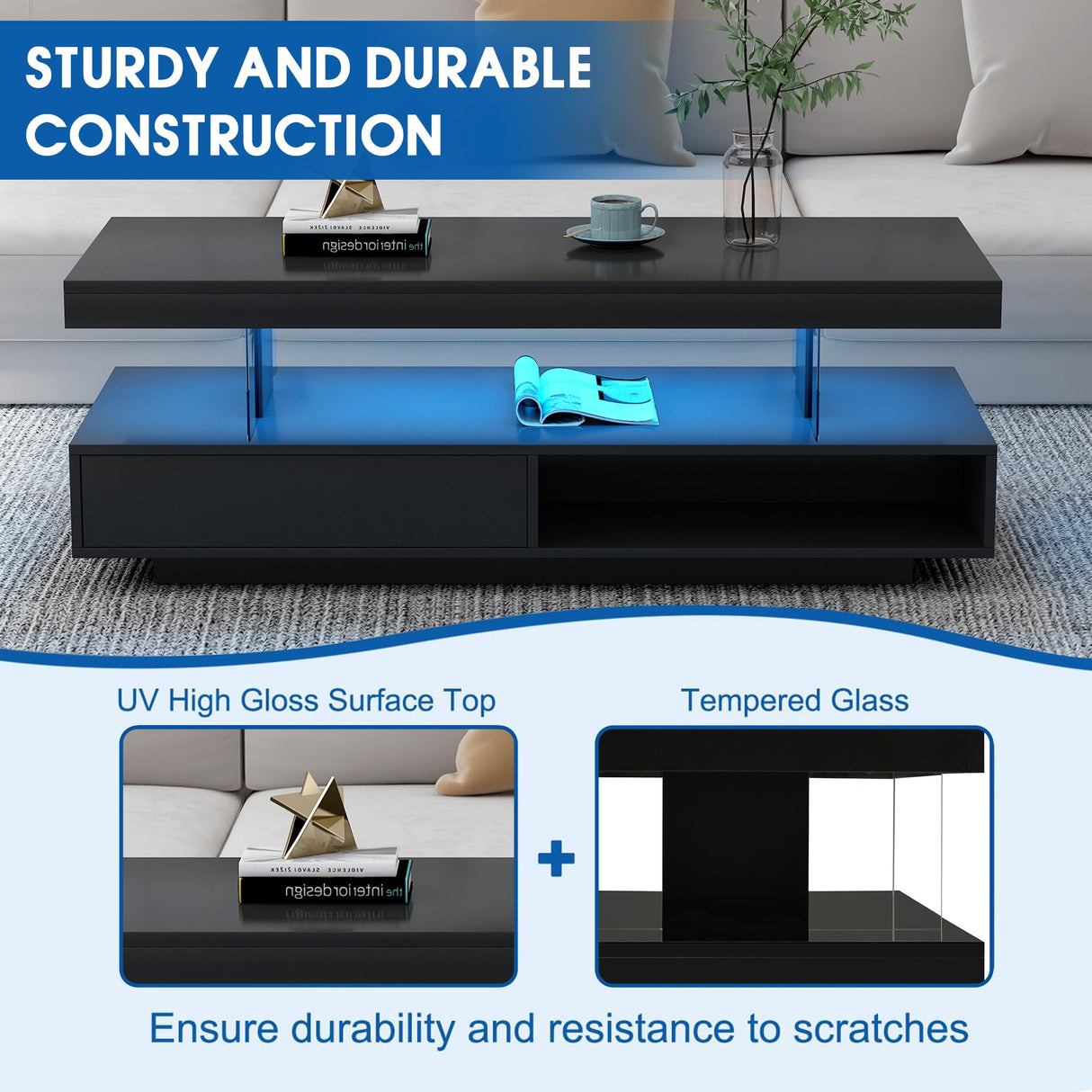 realglow LED Coffee Table with Storage, LED Coffee Tables for Living Room, High Gloss Coffee Table with LED Lights, Modern Center Table with Open Display Shelf & 2 Sliding Drawers (Black) realglow