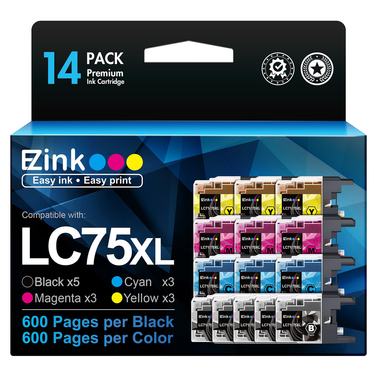 E-Z Ink Compatible Ink Cartridge Replacement for Brother LC75 LC71 LC79 XL to Use with MFC-J6510DW MFC-J6710DW MFC-J6910DW MFC-J280W MFC-J425W (5 Black, 3 Cyan, 3 Magenta, 3 Yellow) 14 Pack E-Z Ink