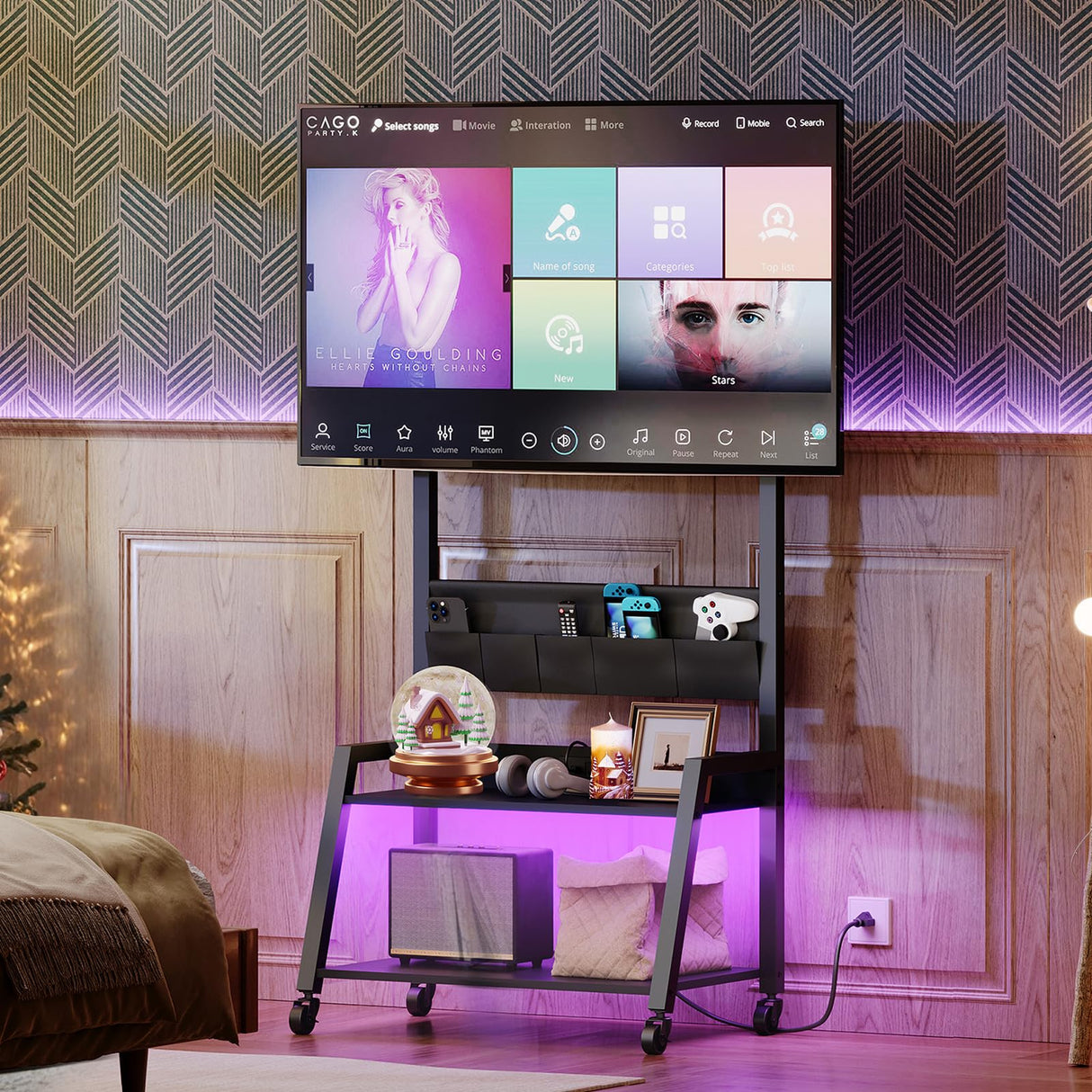 YATINEY Rolling TV Stand with Power Outlet, Mobile TV Stand with LED Light Up to 55" TVs, TV Cart with Mount, 5 Oxford Fabric Pouches, for Living Room, Meeting Room, Black DS01UDBB YATINEY