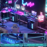 Cyclysio L Shaped Gaming Desk with Wood Cabinet, 58" Large Corner Desk with LED Lights & Power Outlet, Reversible Computer Desk with Monitor Stand, Home Office Desk 2 Person Corner Desk, Grey Oak Cyclysio