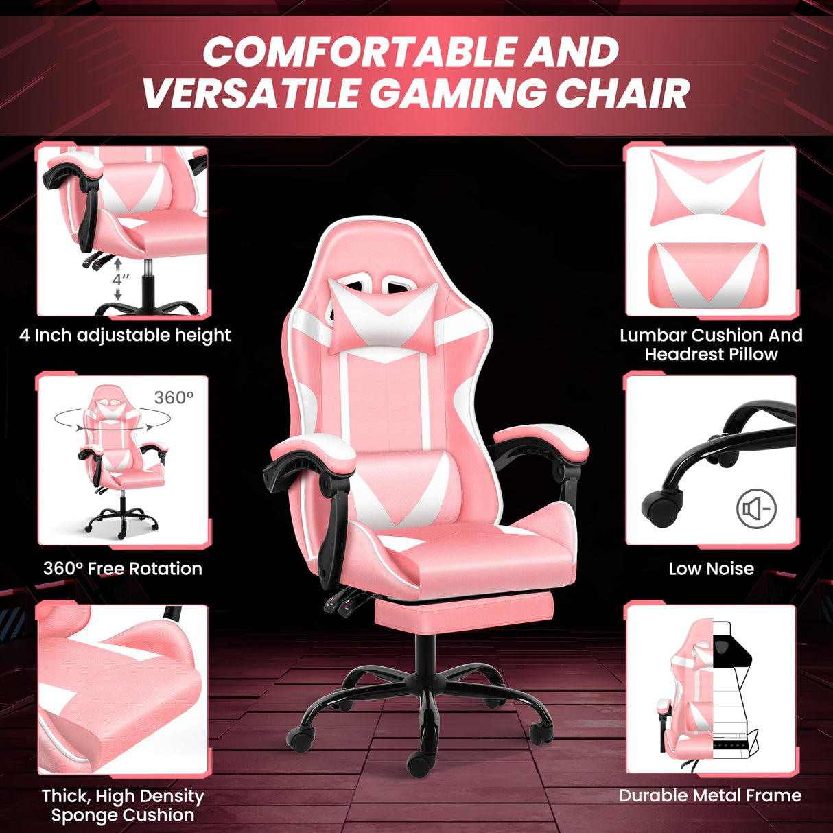 YSSOA Gaming Chair, Computer Chair with Footrest, Height Adjustable & 90°-135° Tilt Function, Swivel Recliner Ergonomic Racing Style Video Game Chair with Lumbar Support (Pink/White) YSSOA
