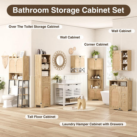 FiveWillowise 67''H Tall Corner Cabinet with Handmade Rattan Door, Rattan Storage Cabinet with Adjustable Shelves, Corner Bookshelf Space Saver for Barthroom, Kitchen, Natural FiveWillowise