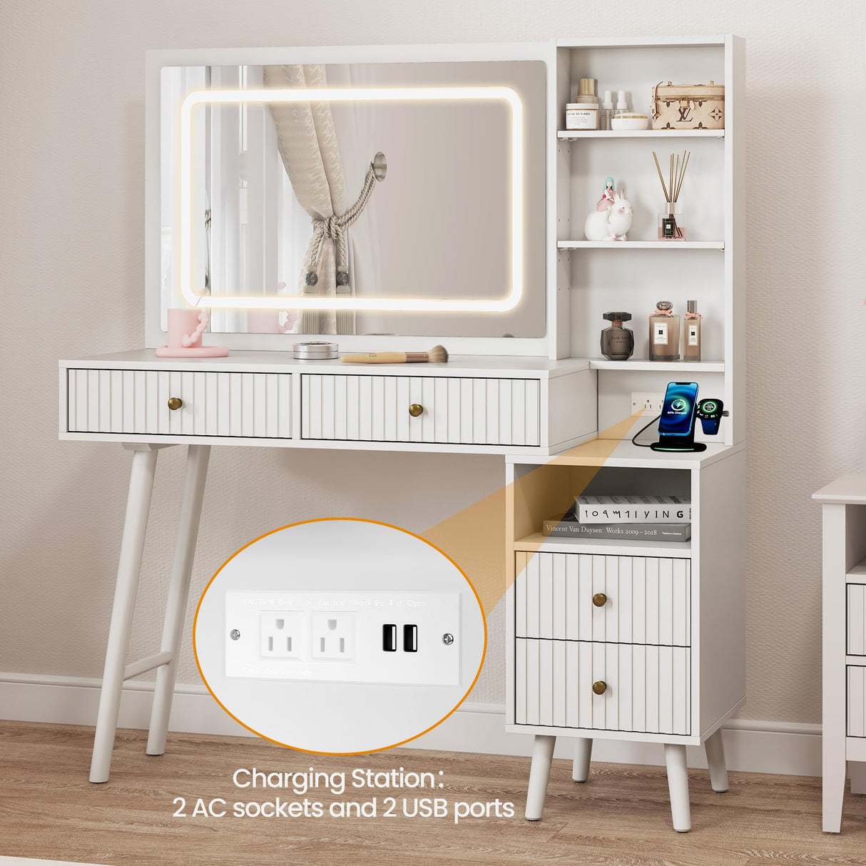 Fluted Makeup Vanity Desk with 36" Large Mirror and 3 Modes Adjustable Lights, 48" Big Modern Vanity Mirror with Lights and Charging Station, Vanity Table with Drawers and Solid Wood Legs for Bedroom HEYNEMO