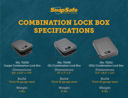 SnapSafe Portable Combination Lock Box for Guns and Valuables - Includes Lock Box (with 3-Digit Combination Lock) and Patented Security Cable - An Ideal Car Gun Safe - Large, 9.5 x 6.5 x 1.75 Inches