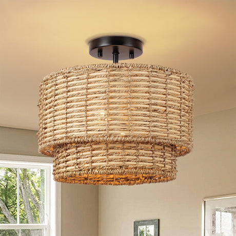 13" Woven Rattan-Style Boho Light Fixture Ceiling Mount,Farmhouse Rattan Semi Flush Mount Ceiling Light,Nursery Light Fixture With 2-Tier Drum Shade,Wicker Flush Ceiling Light for Bedroom Entryway Hermasgi