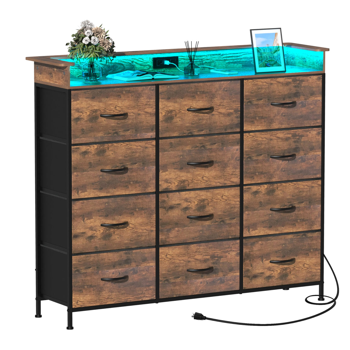 Welfuturer Dresser for Bedroom with 12 Drawers Clothes Dresser with Charging Station and LED Light Fabric Storage Tower for Living Room Hallway Closet Sturdy Steel Frame Wooden Top Rustic Brown Welfuturer