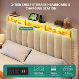 DWVO Queen Size Lift Up Storage Bed Frame with Charging Station, Velvet Upholstered Platform Bed with RGB LED Lights, Storage Headboard, Wingback Rivet Design, No Box Spring Needed, Noise-Free, Beige DWVO