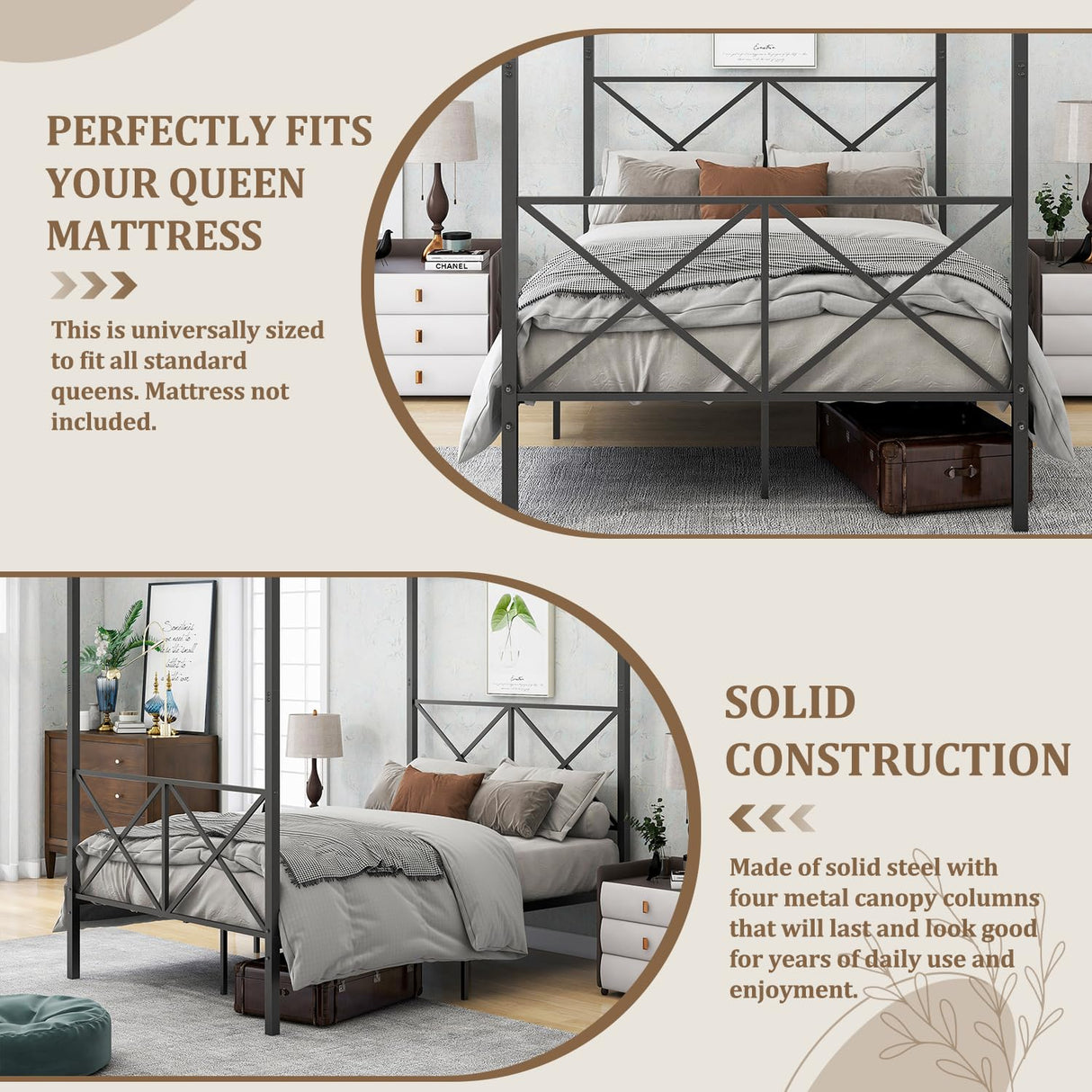 Full Canopy Bed Frame, Metal Canopy Beds with 4 Poster Design and Geometric Accented Headboard and Footboard, No Box Spring Needed, Underbed Storage Space HomJoones