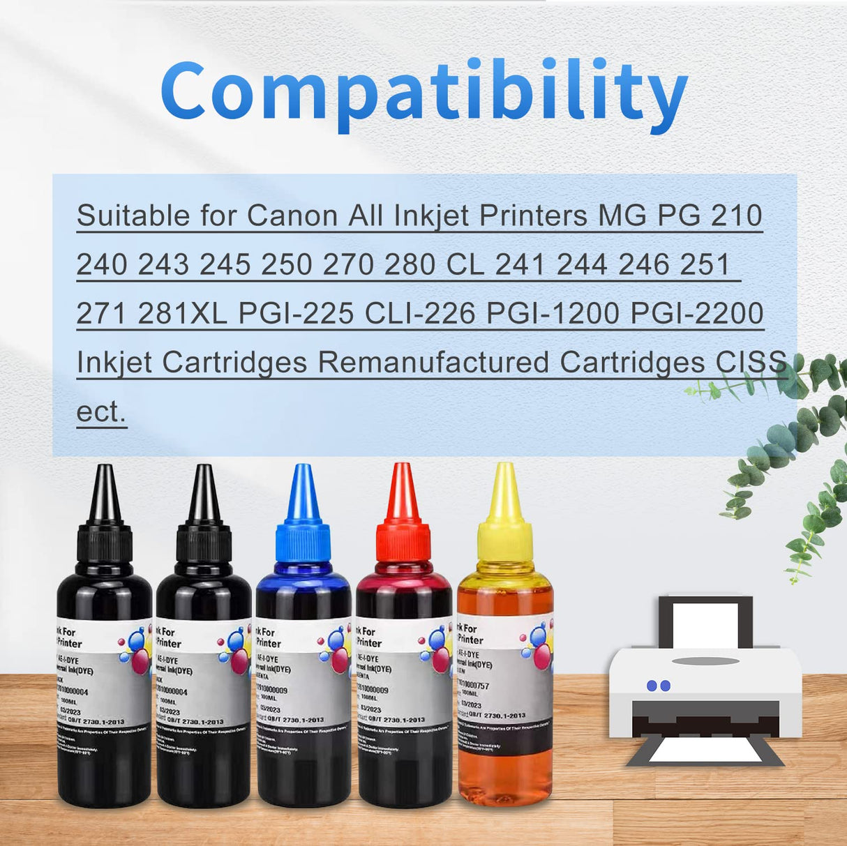 AYMSous Ink Refill Kit for Canon 250 251 270 271 280 281 1200 2200 PG240 CL241 PG245 CL246 PG210 Refillable Ink Cartridge, CIS CISS System with 5 Syringes(5x100ML 1BK, 1PBK, 1C, 1M, 1Y) AYMSous