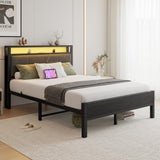 VECOCHO Full Size Bed Frame with LED Lights, Upholstered Headboard with Storage Shelves&Charging Station, Heavy Duty LED Bed Frame Full Mattress Foundation No Box Spring Needed, Noise Free,Grey VECOCHO