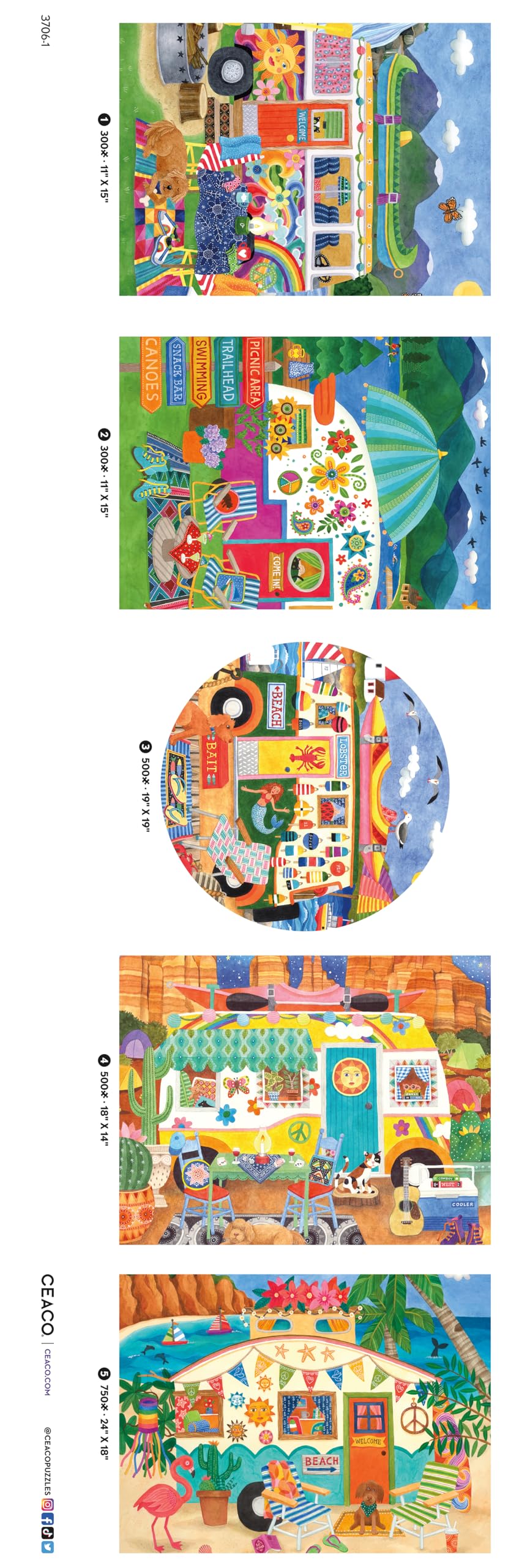 Ceaco - 5 in 1 Multipack - Happy Camper - (2) 300 Piece, (2) 500 Piece, (1) 750 Piece Jigsaw Puzzles Ceaco