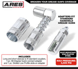 ARES 54017 – 2-Piece Grease Gun 90-Degree Adapter Set – Includes Quick Connect Coupler Style and Quick Connect Slide-On Style Adapters ARES