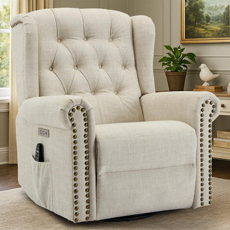 VIVIJASON Power Swivel Rocking Recliner Chair with Massage & Heat, Electric Rocker Glider Chair for Nursery, Wingback Tufted Upholstered Recliner W/Type-C & USB Ports for Living Room, Bedroom, Beige VIVIJASON