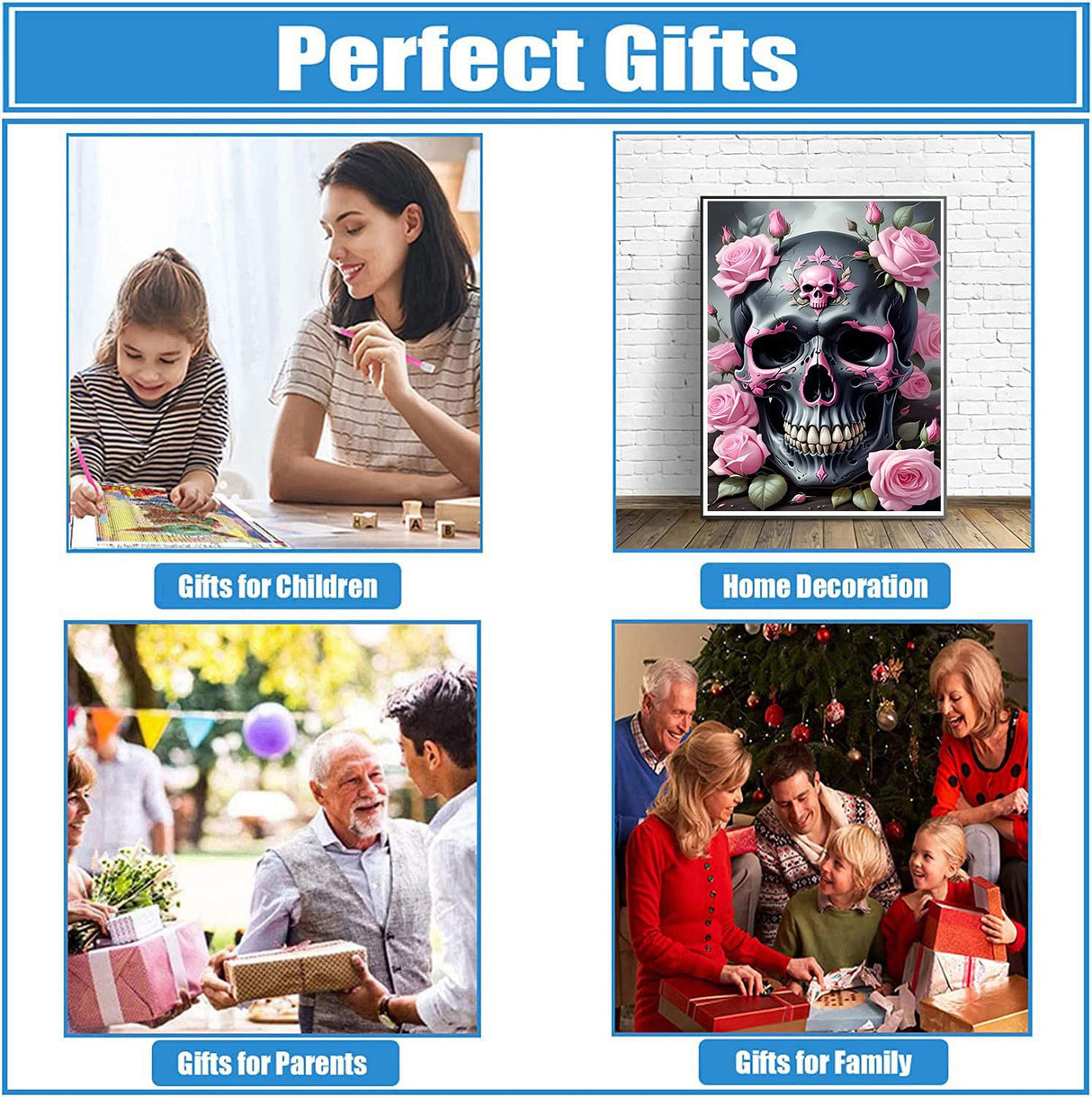 DPHERO Skeleton Diamond Painting Kits for Beginners Adults,5D DIY Rose Flowers Diamond Art Kits,Round Full Drill Skull Horror Painting Art,DIY Paint by Numbers for Home Wall Decor 12x16 inch DPHERO