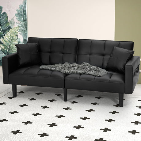 ECOTOUGE Faux Leather Futon Couch, Convertible Sofa Bed with Adjustable Back, Modern Sleeper Sofa for Living Room, Black ECOTOUGE