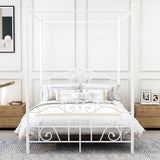 AUFANK Full Size Four-Poster Metal Canopy Bed Frame with Headboard and Footboard Sturdy Slatted Structure No Box Spring Needed White AUFANK
