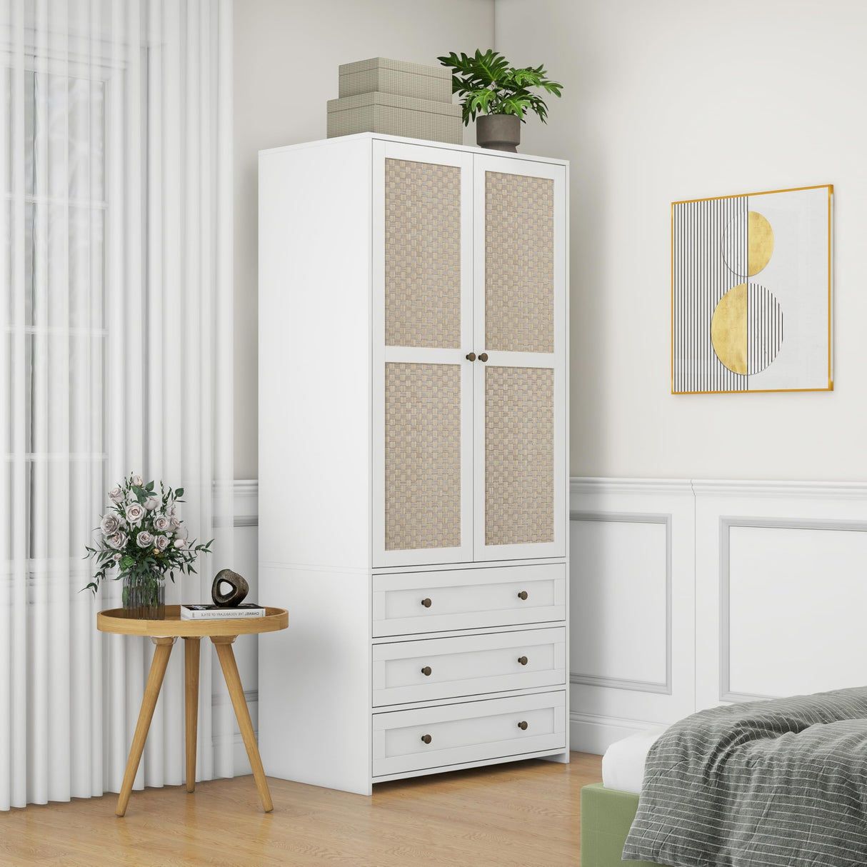 Ampela Rattan Armoire Wardrobe Closet Wood 71" Tall with 2 Doors 3 Drawers,Freestanding Clothes Cabinet with Storage Cubes & Hanging Rod for Bedroom Ampela