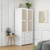 Ampela Rattan Armoire Wardrobe Closet Wood 71" Tall with 2 Doors 3 Drawers,Freestanding Clothes Cabinet with Storage Cubes & Hanging Rod for Bedroom Ampela