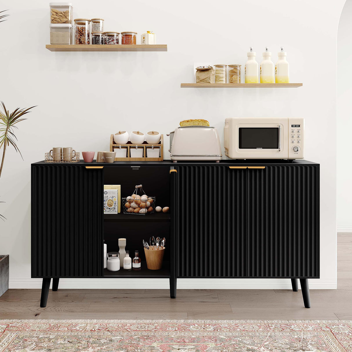 Luoxiao Modern Scandinavian Fluted Black Sideboard Buffet Cabinet with Adjustable Shelves Luoxiao