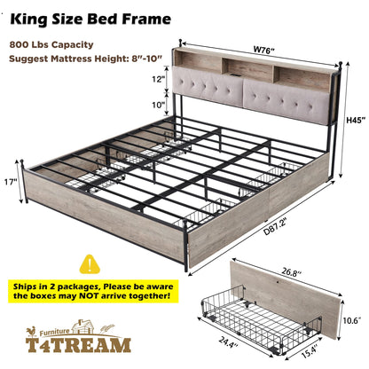 T4TREAM King Bed Frame with Upholstered Headboard, 4 Drawers, Charging Station & LED Lights in Light Rustic Oak - WoodArtSupply