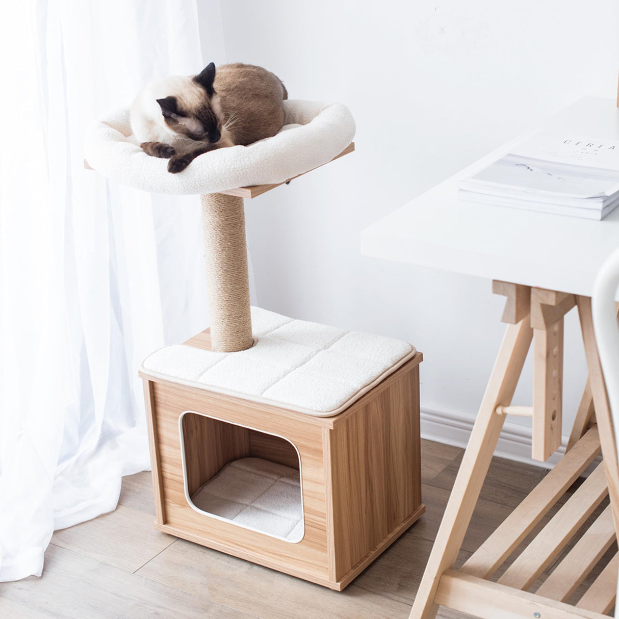 Catry 29.7" Tall 3 Level Laminated Wood Cat Tree with Large Base Condo, 2 Paded Steps, Natural Jute Scratching Post, Sturdy and Easy to Assemble for Small Cat, Brown Catry
