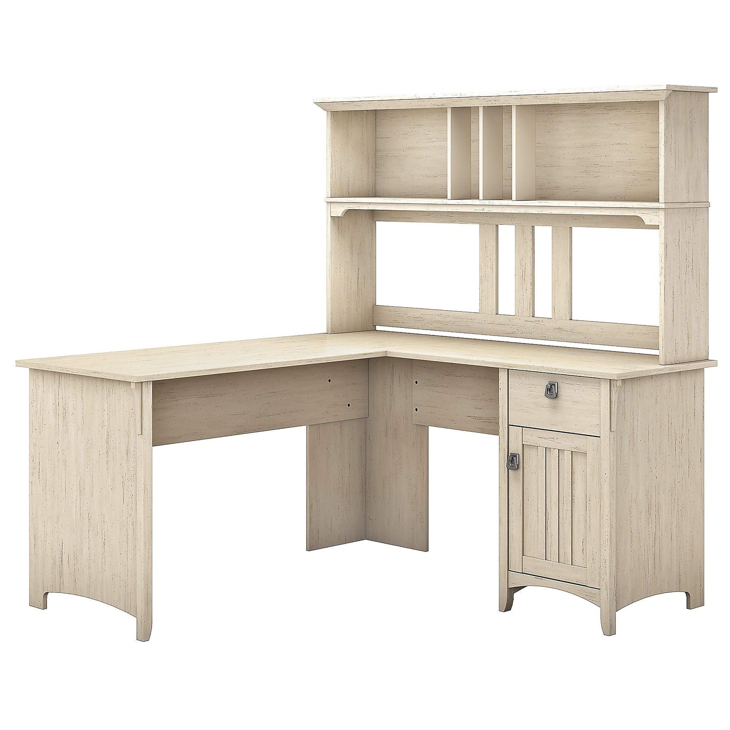 Bush Furniture Salinas L Shaped Desk with Hutch in Antique White | Corner Table with Drawers and Storage for Home Office - WoodArtSupply