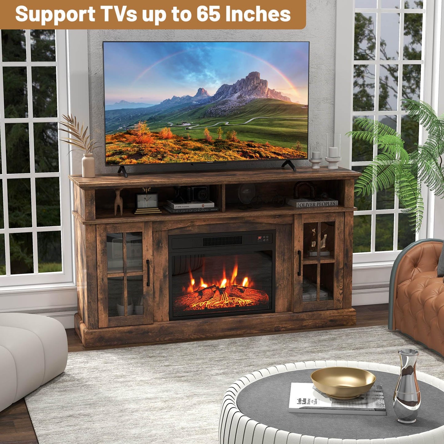 COSTWAY Electric Fireplace TV Stand for TVs Up to 65 Inches, 1400W Heater Insert with Remote Control, 6H Timer, 3-Level Flame, Overheat Protection and CSA Certification, Adjustable Shelves, Brown