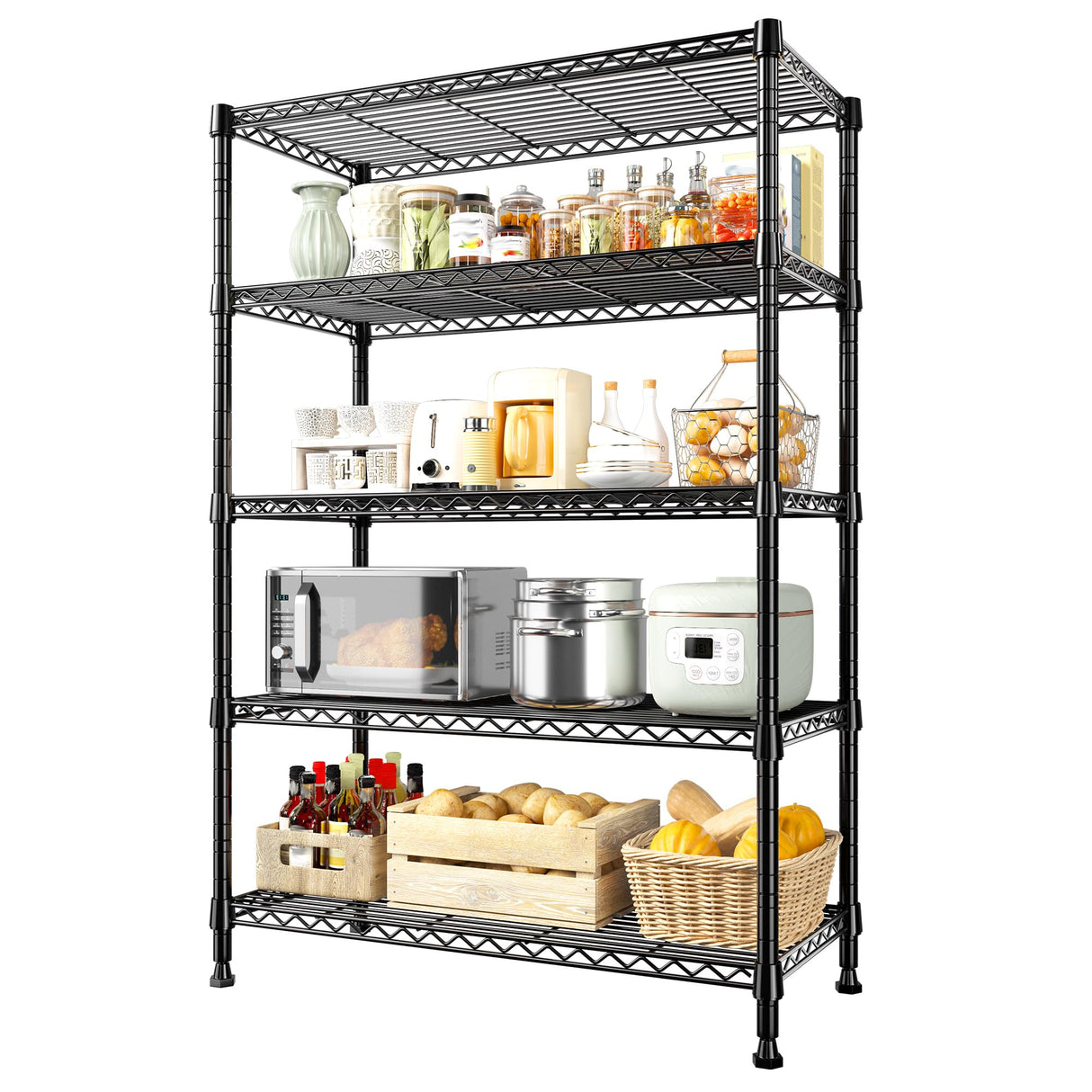 REIBII Storage Shelves, 5-Tire Wire Shelving Load 1000LBS Metal Shelves for Storage Adjustable Garage Shelving Unit Wire Shelf Rack Kitchen Storage Rack Pantry Shelves 31.5''W x 15.7'' D x 71''H REIBII