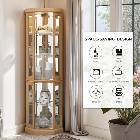 Eyisean 70" Lighted Glass Corner Curio Cabinet, Display Cabinet with Elegant Tempered Glass Door, China Cabinet with Light Bulb, Mirrored Back Panel, Rack for Living Room Storage (Light Oak) Eyisean