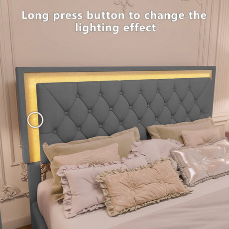 3-Pieces Bedroom Set, Queen Size Upholstered Platform Bed with LED Lights and Two Nightstands - Gray HouseOfZazla