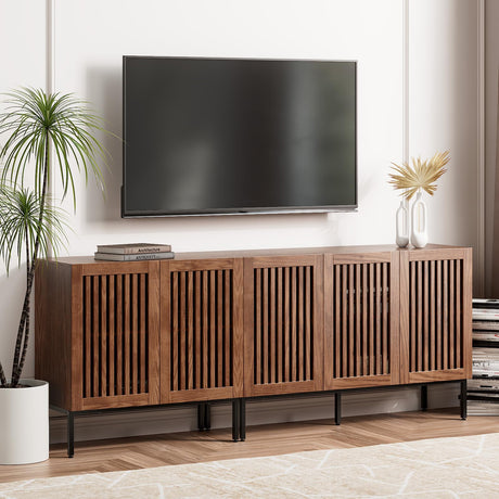 Qufusaty Farmhouse TV Stand for TVs up to 85 inch, 2 in 1 Entertainment Center TV Console with Storage Cabinets and Metal Base,Media Console for Living Room,Brown Qufusaty