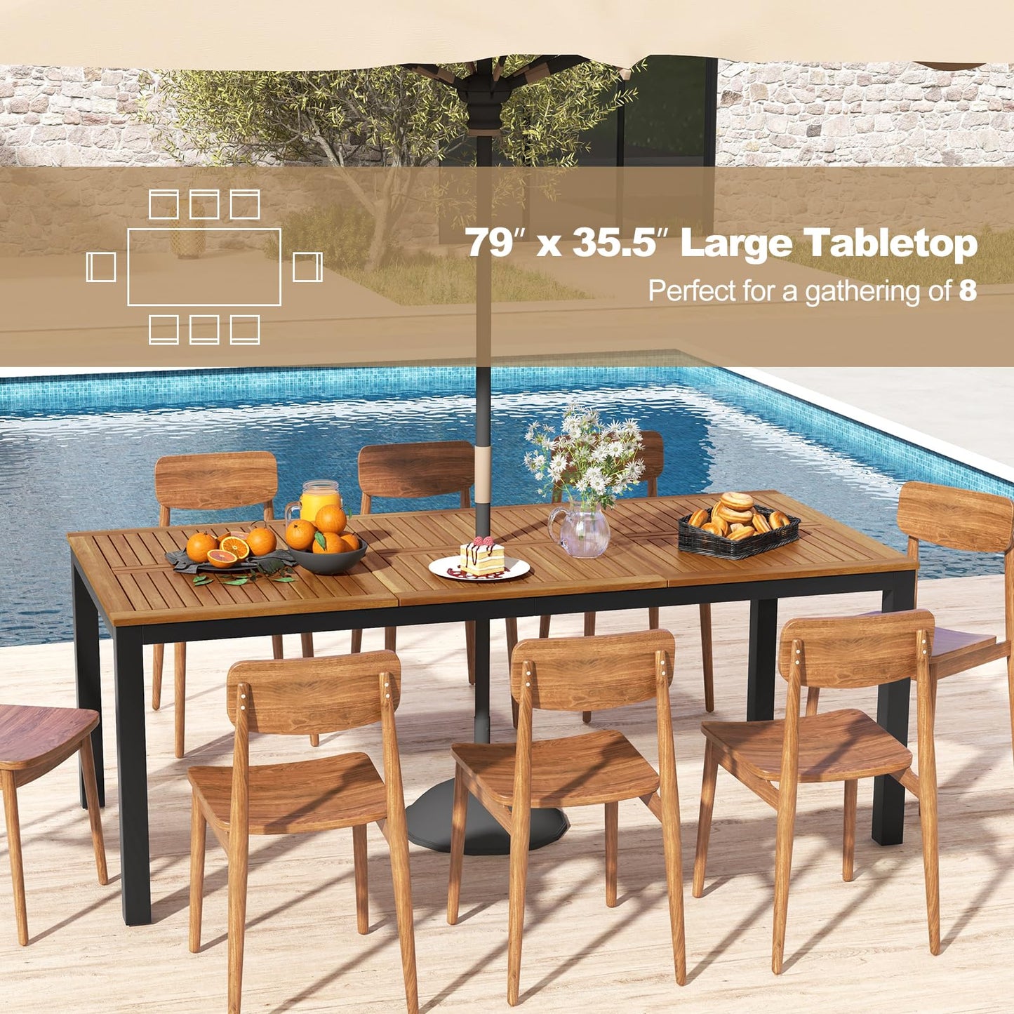 Tangkula 8-Person Outdoor Dining Table, 79 Inch Acacia Wood Patio Table with Umbrella Hole, Metal Legs & Adjustable Foot Pads, Farmhouse Bistro Table for Garden, Poolside & Backyard - WoodArtSupply