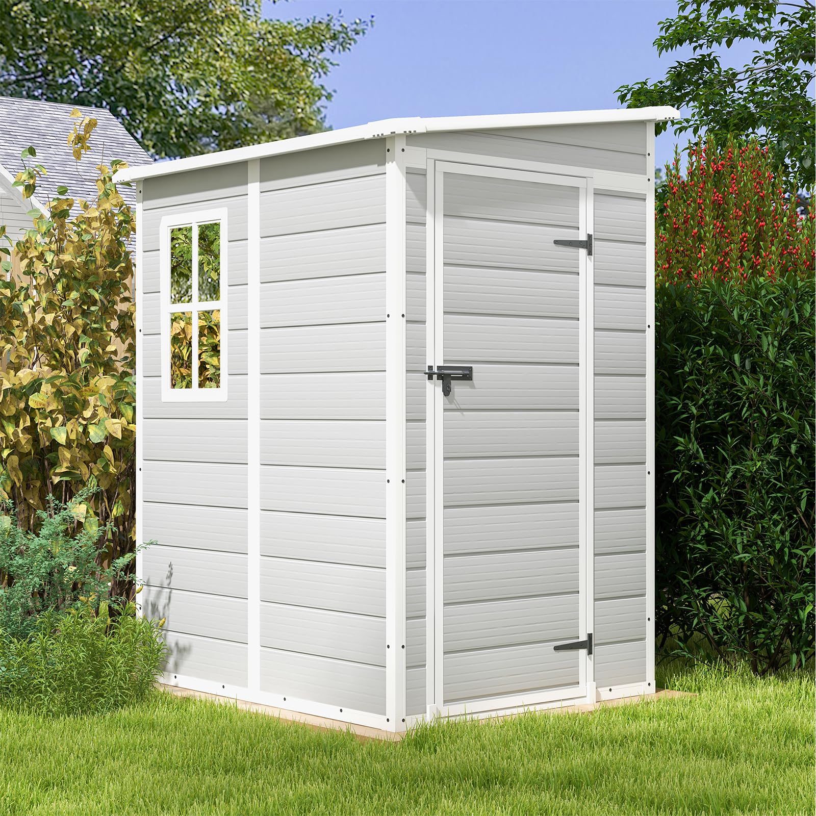 Patiowell 5x4 FT Outdoor Storage Shed, Resin Storage Shed with Floor & Lockable & Window Door for Patio Furniture, Garden Tools and Bicycle, White & Grey - WoodArtSupply