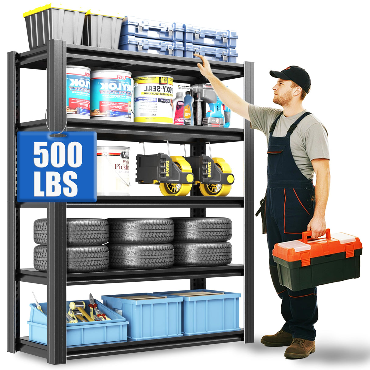EKJ 72" H Garage Shelving 2500 LBS Heavy Duty Storage Shelves, Adjustable 5 Tier Metal Shelving Unit, Metal Racks for Storage, Utility Shelves for Workshop, Basement, Home Office 72" H*35.4"W*15.7"D EKJ