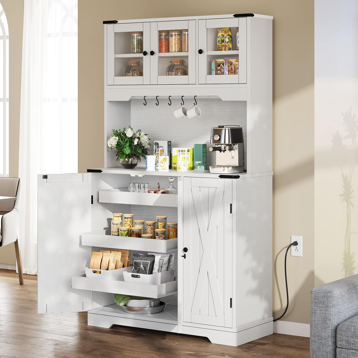 DWVO 71" Tall Kitchen Pantry Cabinet with Charging Station, Kitchen Hutch Storage Cabinet with Drawers, Farmhouse Freestanding Cabinets for Dining Room, White Rustic Oak DWVO