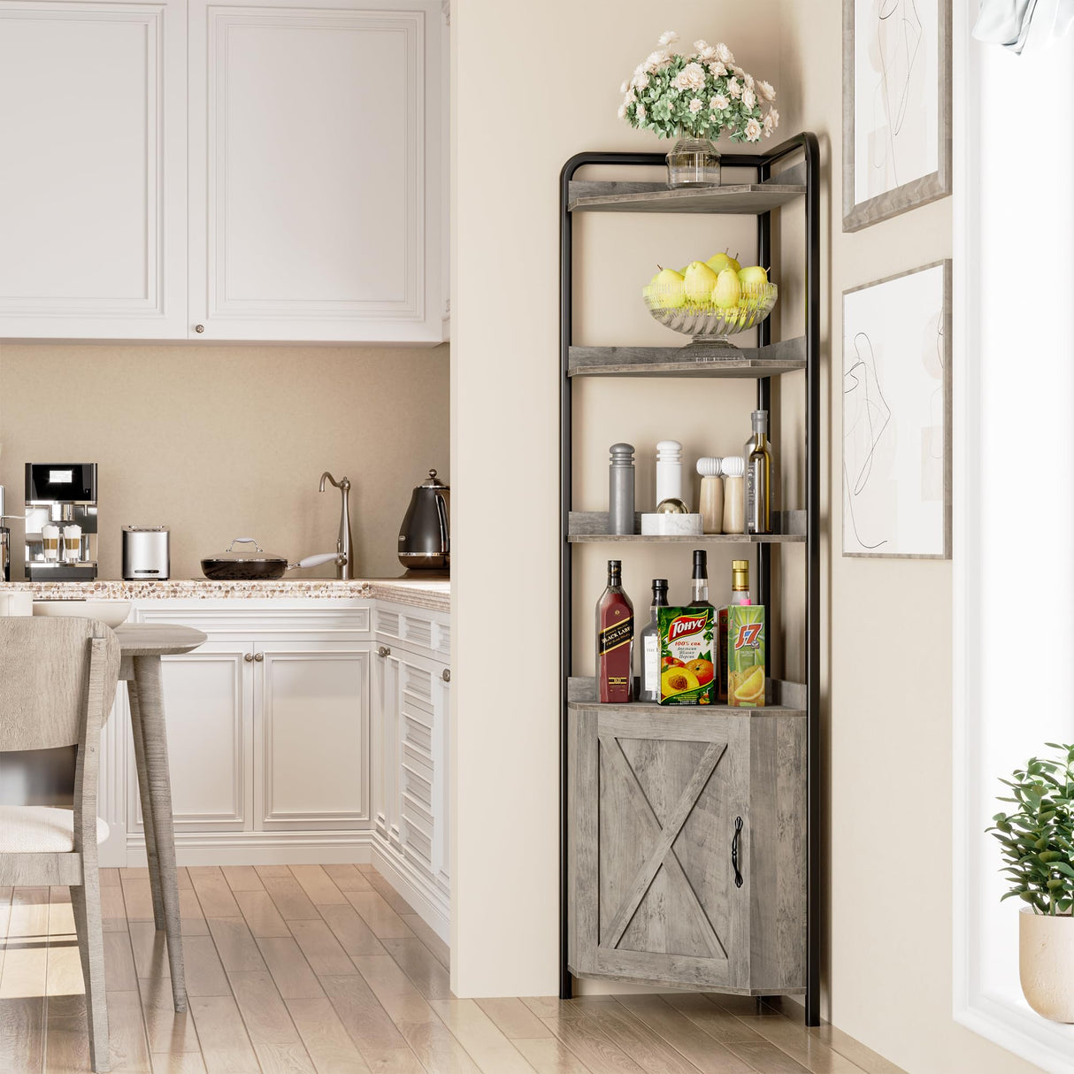 IDEALHOUSE 70.9 Inch Corner Cabinet 5-Tier Tall Corner Cabinet Farmhouse Bookshelves Rustic Storage Rack Industrial Bookcase Plant Stand for Living Room, Bedroom, Home Office, Kitchen IDEALHOUSE