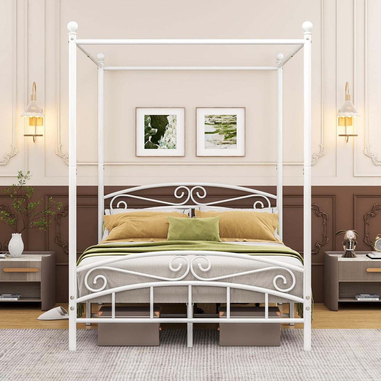 ARFARLY Full Size Bed Frame Four-Poster Metal Canopy Bed Frame Full with Headboard and Footboard Sturdy Slatted Structure No Box Spring Needed White ARFARLY