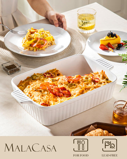 MALACASA 4.4 QT Baking Dish, 9x13 Large Casserole Dish for Oven, Ceramic Baking Pan, Rectangular Lasagna Pan Deep with Handles for Baking, Durable Microwave Oven Safe, White, Series BAKE-BAKE