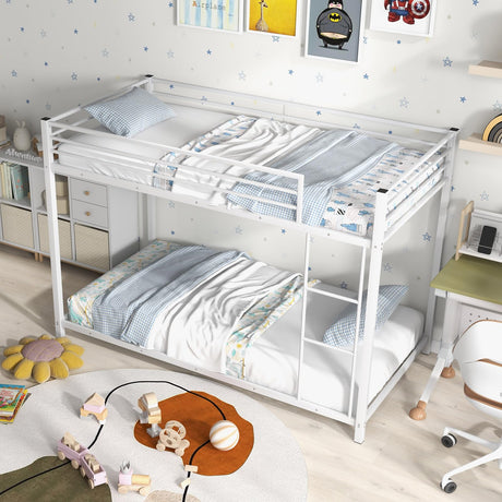 Giantex White Twin Over Twin Metal Bunk Beds, Heavy Duty Bed Frame with Safety Guard Rail & Ladder, Low Floor Bunk Bed for Boys Girls Adults Dormitory Bedroom, Noise Free, No Box Spring Needed Giantex